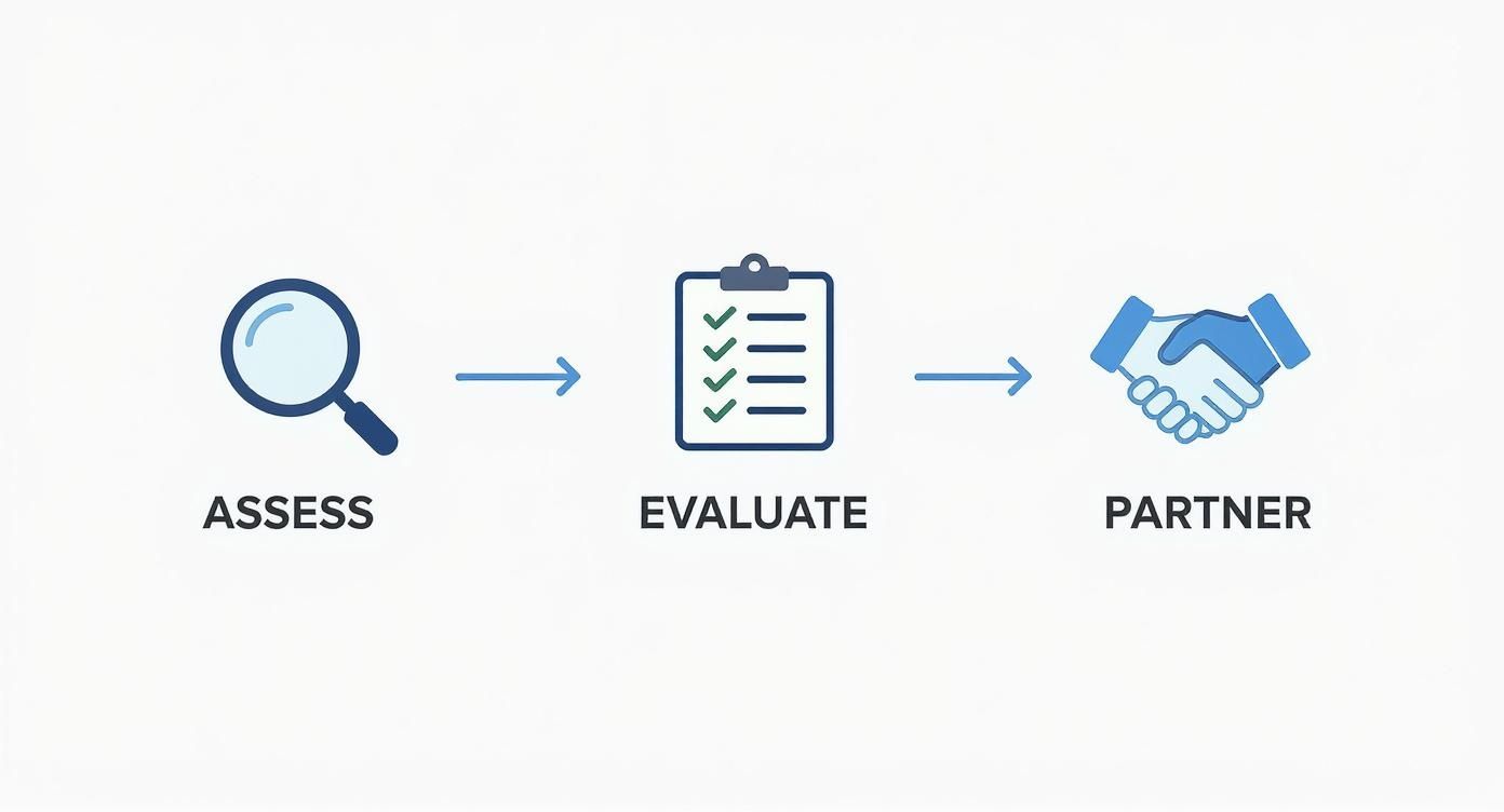 Three-step business process workflow showing assess with magnifying glass, evaluate with checklist, and partner with handshake