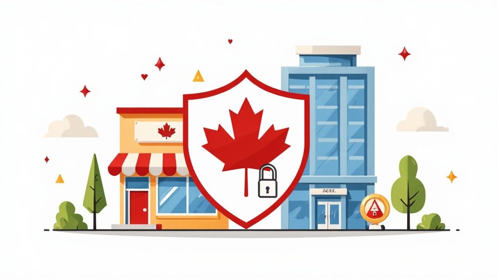 Canadian maple leaf shield with padlock symbolizing cybersecurity protection for businesses and buildings