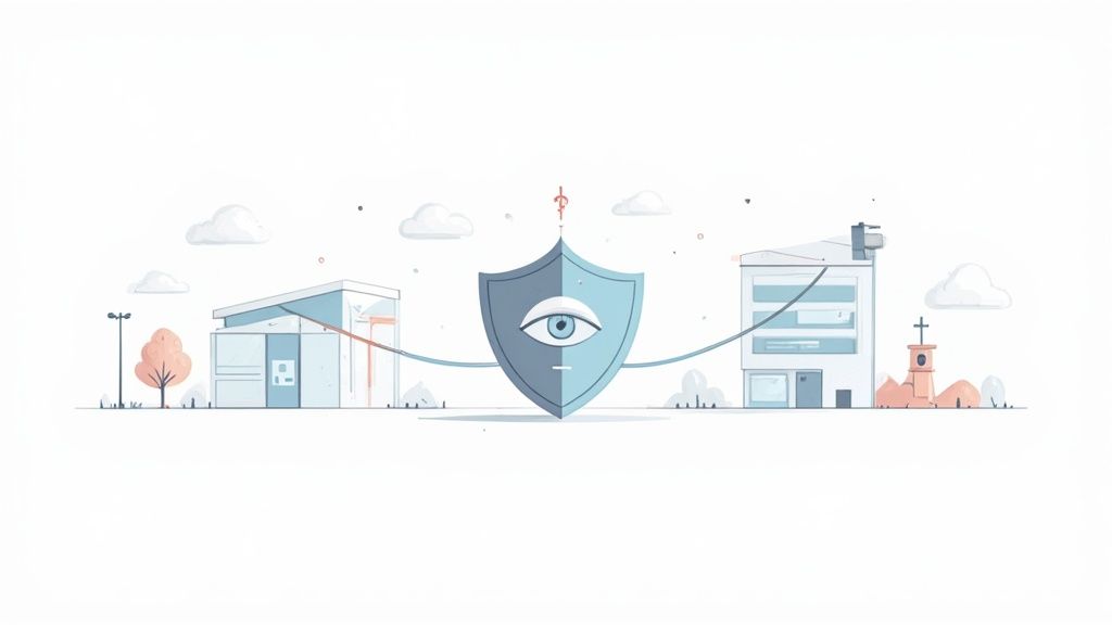 Shield with eye icon connecting buildings representing cyber security protection network infrastructure