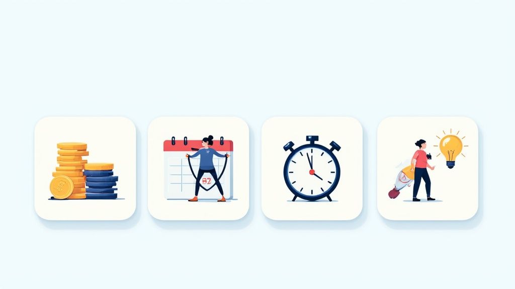 Four icons representing financial management, scheduling, time tracking, and innovative business solutions for managed services