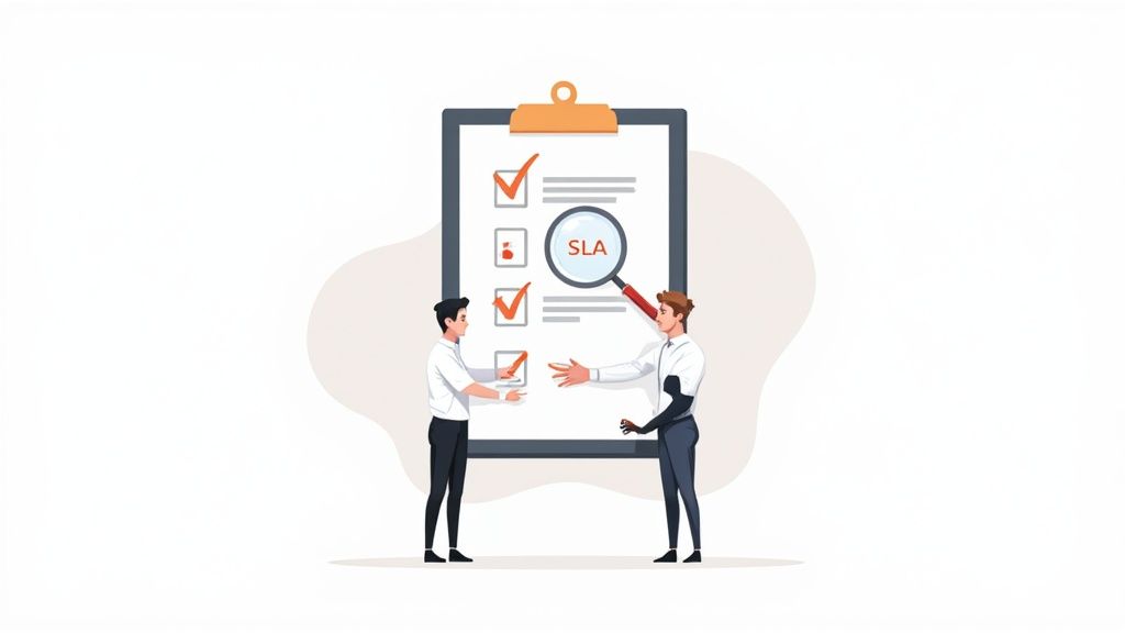 Two business professionals discussing service level agreement checklist with magnifying glass highlighting SLA terms