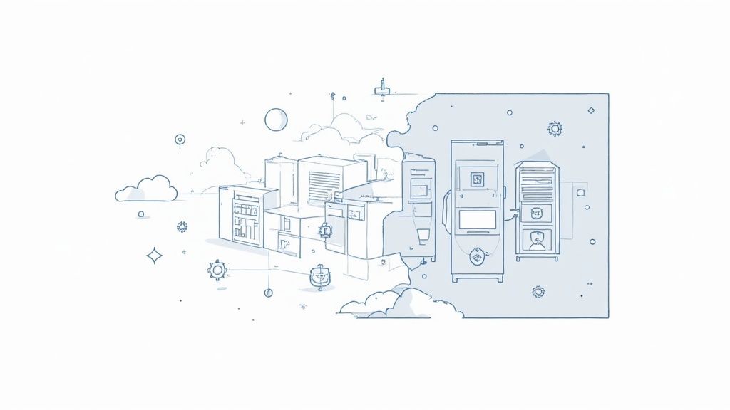 Line art illustration showing IT infrastructure with servers, cloud computing, and digital technology elements