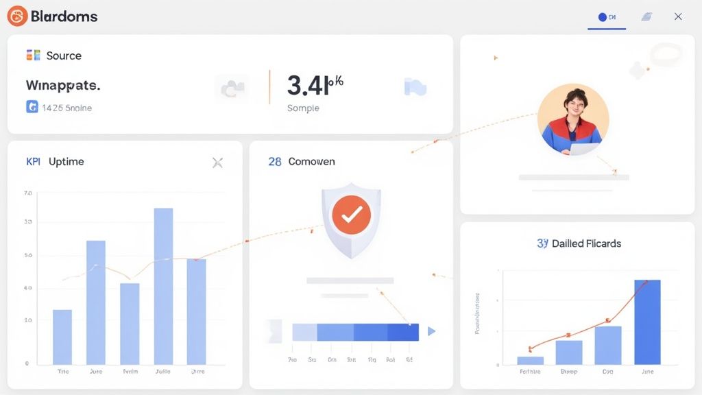 Business dashboard displaying KPI uptime metrics, conversion rates, and data analytics with colorful charts and graphs