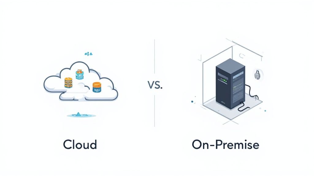 Illustration comparing cloud computing, represented by a cloud with databases, versus on-premise server infrastructure.