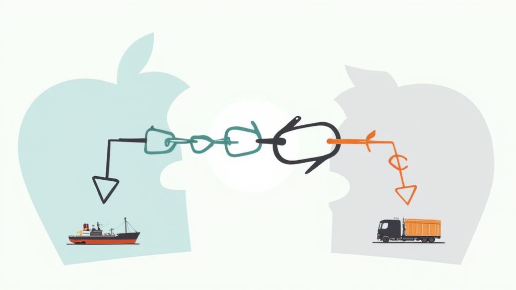 An abstract illustration depicting a digital supply chain, connecting a ship and a truck via a stylized chain.