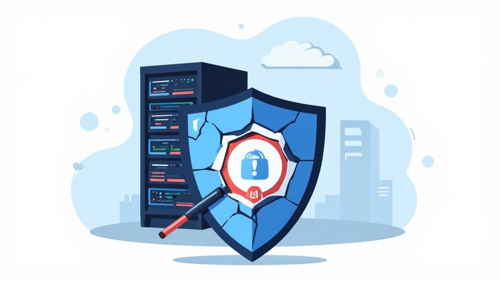 A broken blue shield with a padlock and exclamation mark next to a server rack, indicating a data breach.