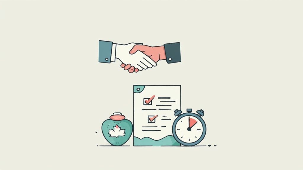 Illustration showing a business handshake, a checked document, a Canadian maple leaf, and a stopwatch.
