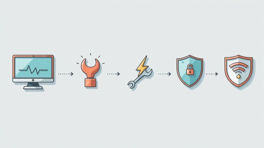 A visual flow of icons representing network support: computer diagnostics, repair, security, and wireless connectivity.