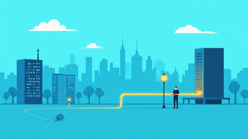 Illustration of a city skyline with a glowing yellow line connecting a ground device, street lamp, and building, with a man standing nearby.