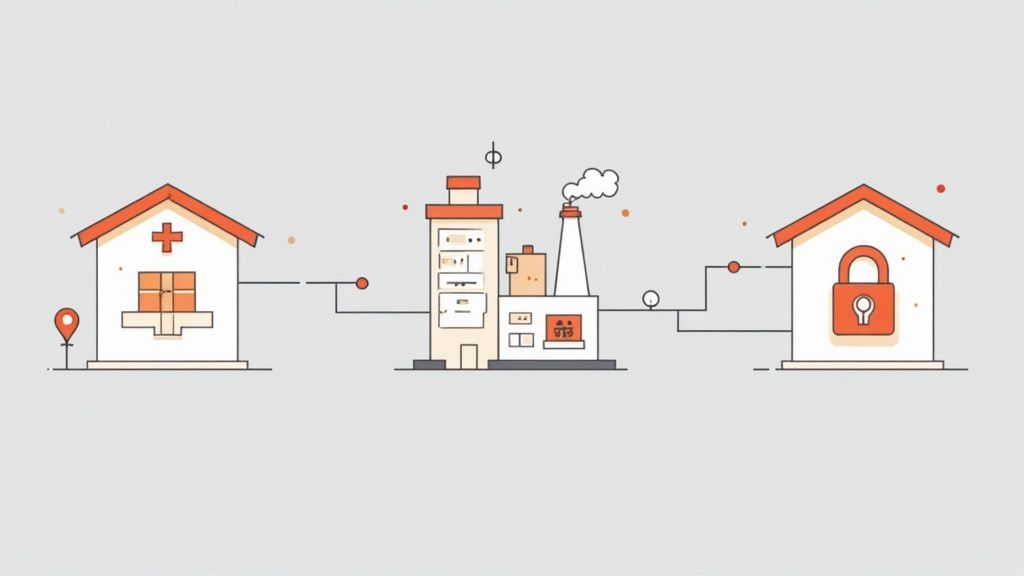 A cartoon illustration showing a network connecting a hospital, industrial buildings, and a secure home.