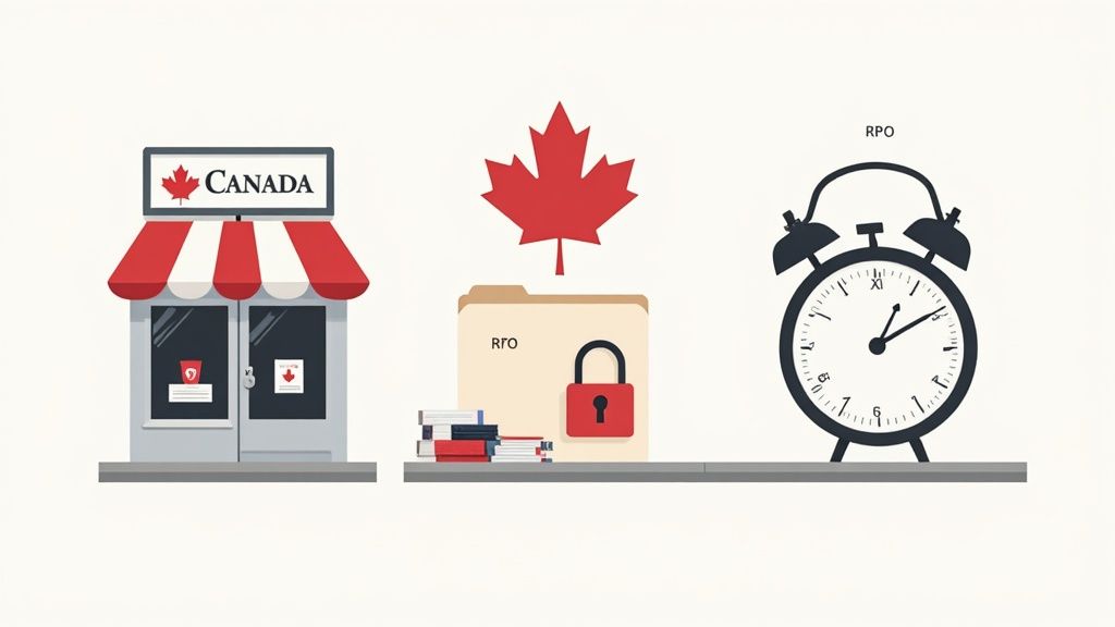 Illustration of a Canadian business, secure RTO data files with a padlock, and an RPO alarm clock.