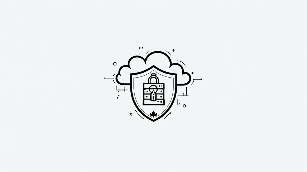 A graphic illustrating cloud data security, featuring a shield protecting a locker, with clouds overhead and a Canadian maple leaf.