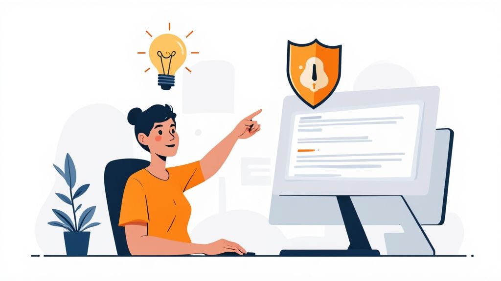 An illustration of a woman pointing at a computer screen showing secure code and an idea lightbulb.