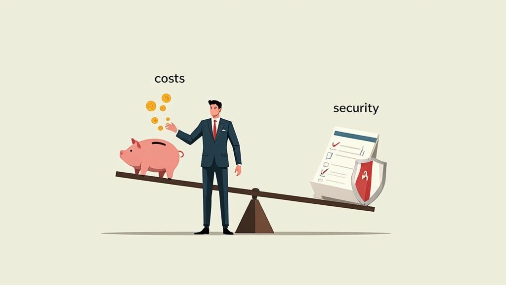 Businessman balancing costs (piggy bank, coins) and security (checklist, shield) on a seesaw.