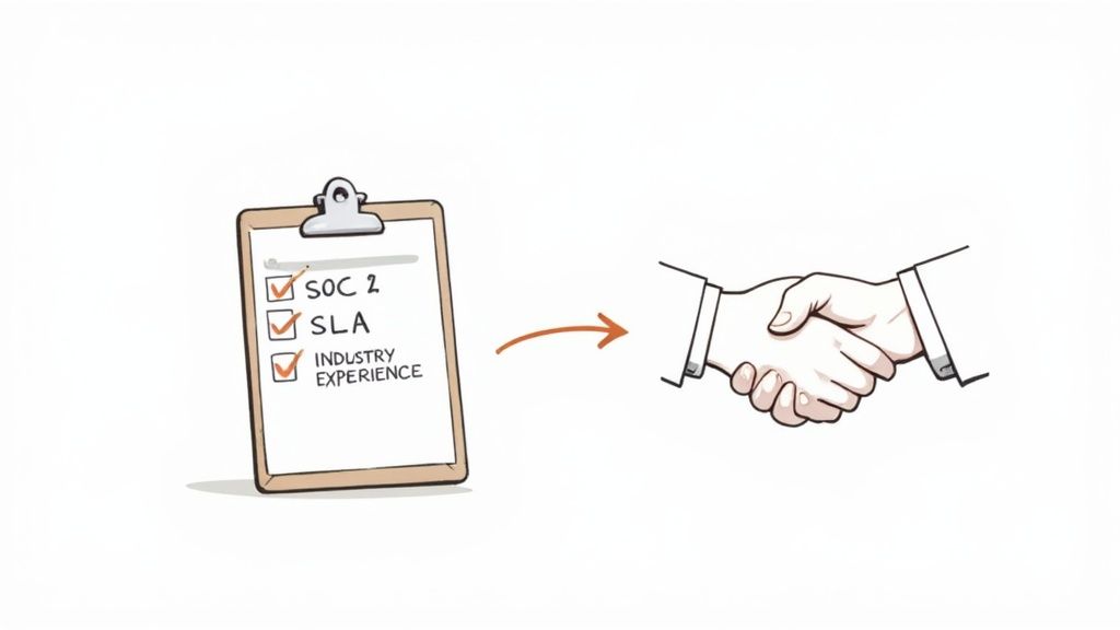Illustration of a completed checklist for service requirements, including SOC 2 and SLA, resulting in a handshake.