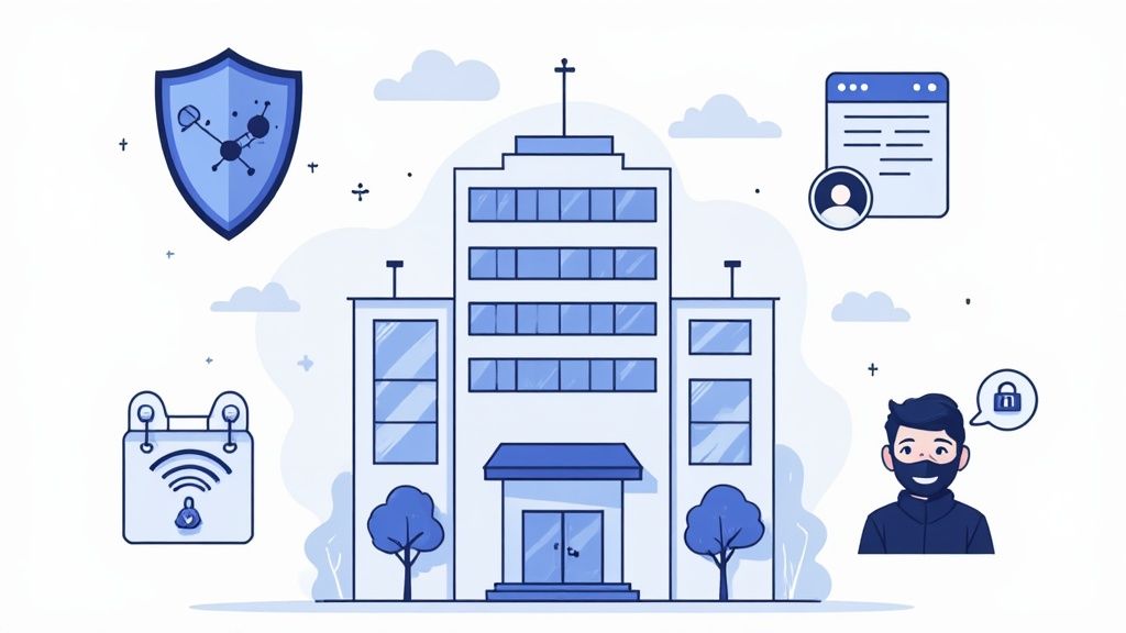 Cybersecurity illustration with a corporate building, shield, secure Wi-Fi, user profile, and a protected user.