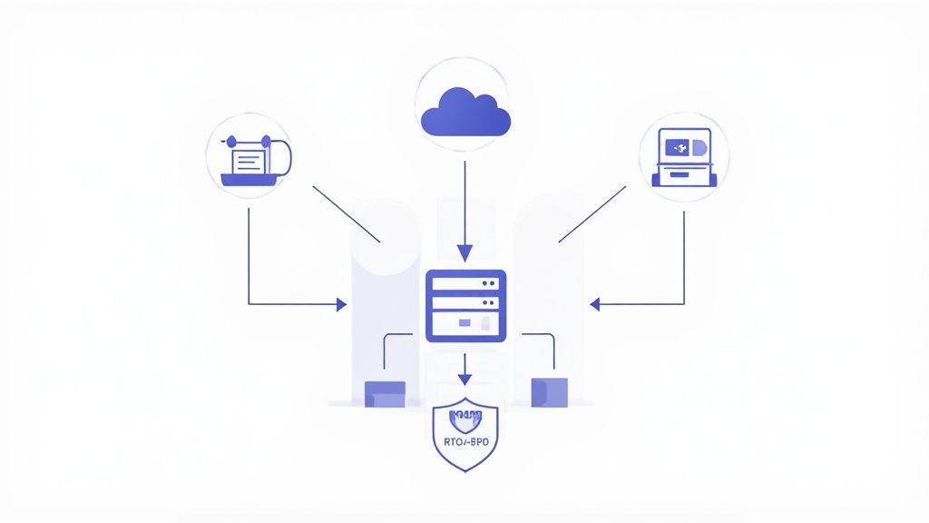 An IT infrastructure diagram illustrating data flow from cloud and devices to a central server and security.