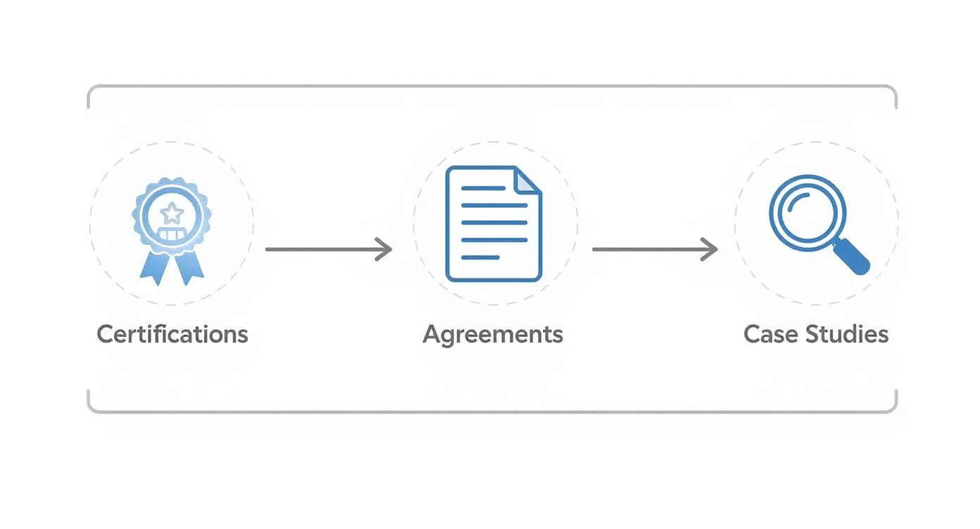 A process flow diagram showing steps from Certifications to Agreements to Case Studies.