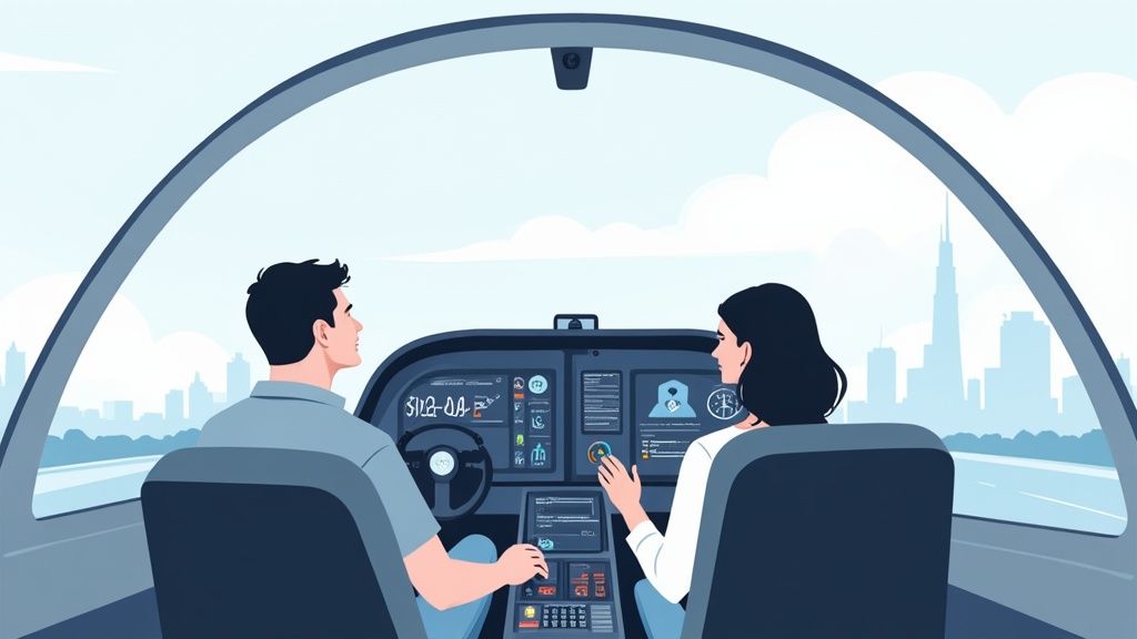 Two people in a futuristic vehicle cockpit, interacting with a digital dashboard displaying city views.