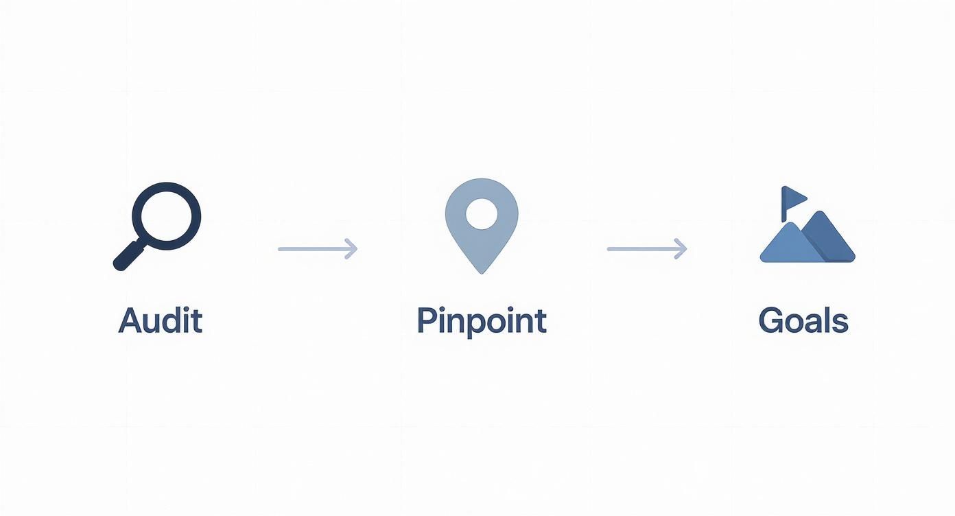 A three-step process diagram showing Audit (magnifying glass), Pinpoint (location pin), and Goals (flag on mountains).