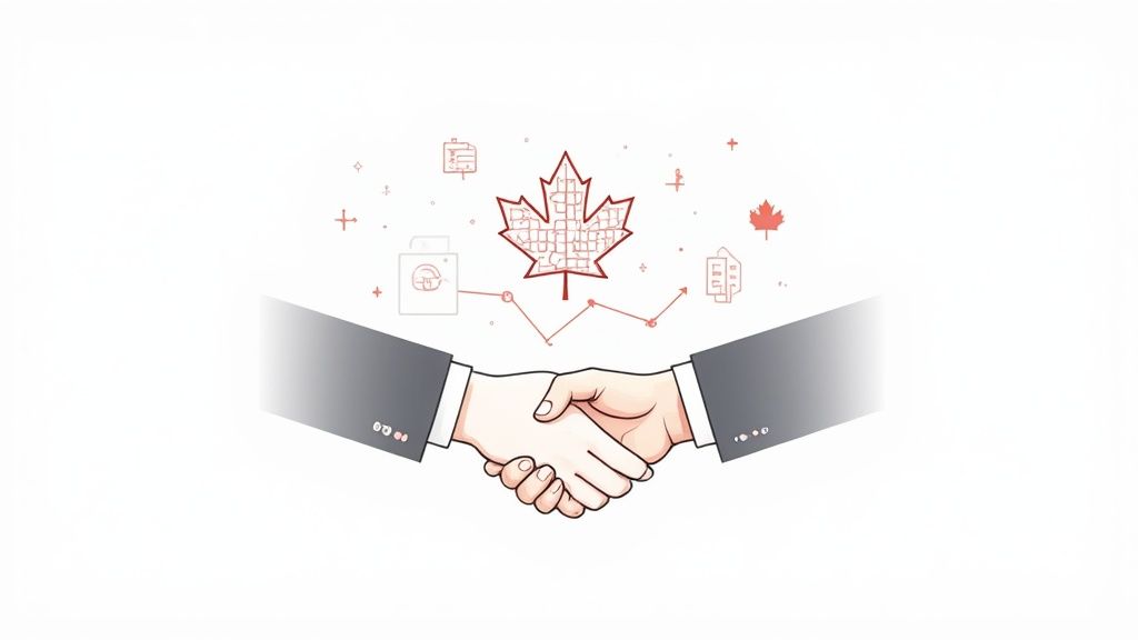 Two hands shaking in a business deal under a Canadian maple leaf, surrounded by commerce icons.