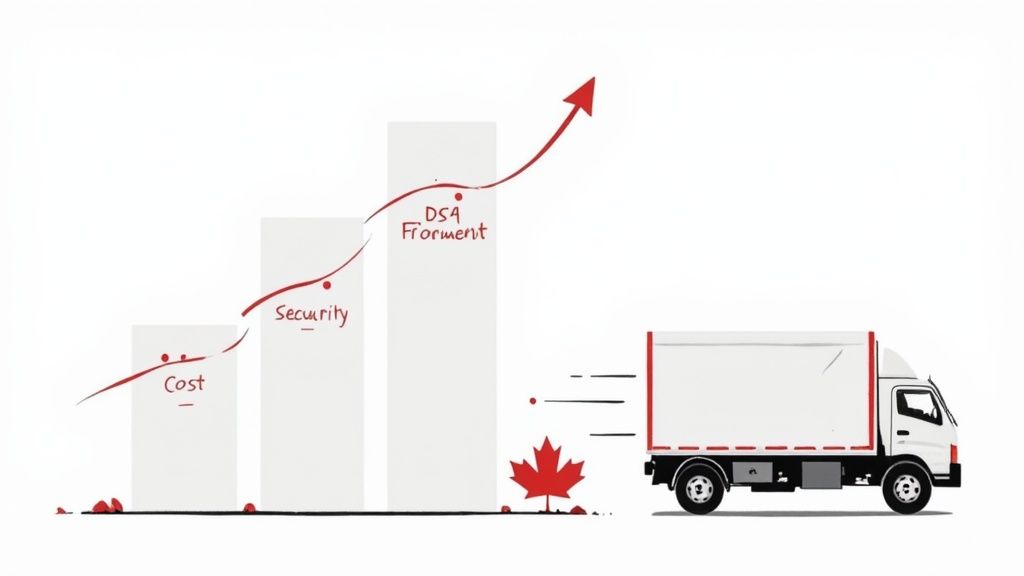 An illustration of a rising trend for cost, security, and DSA Froment, with a Canadian delivery truck.
