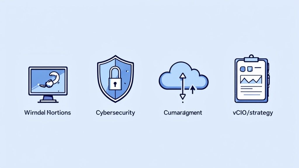 Four blue and white icons representing different IT services: desktop support, cybersecurity, cloud management, and strategy.