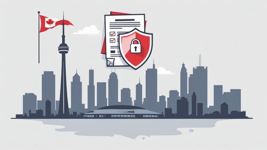 Toronto skyline with Canadian flag, secure documents, and data protection shield.