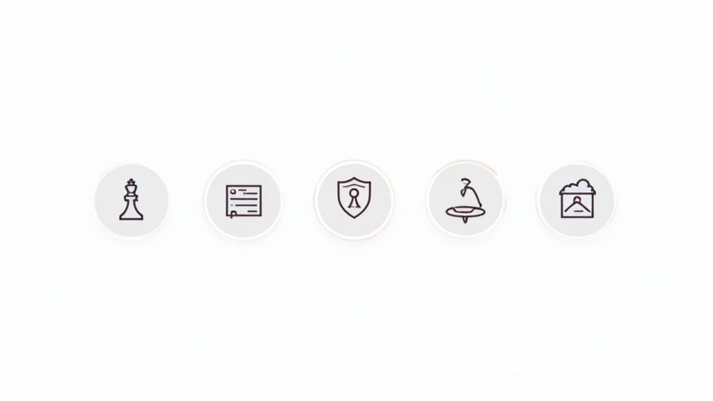 A row of five minimalist line-art icons: a chess king, document, security shield, abstract shape, and landscape.