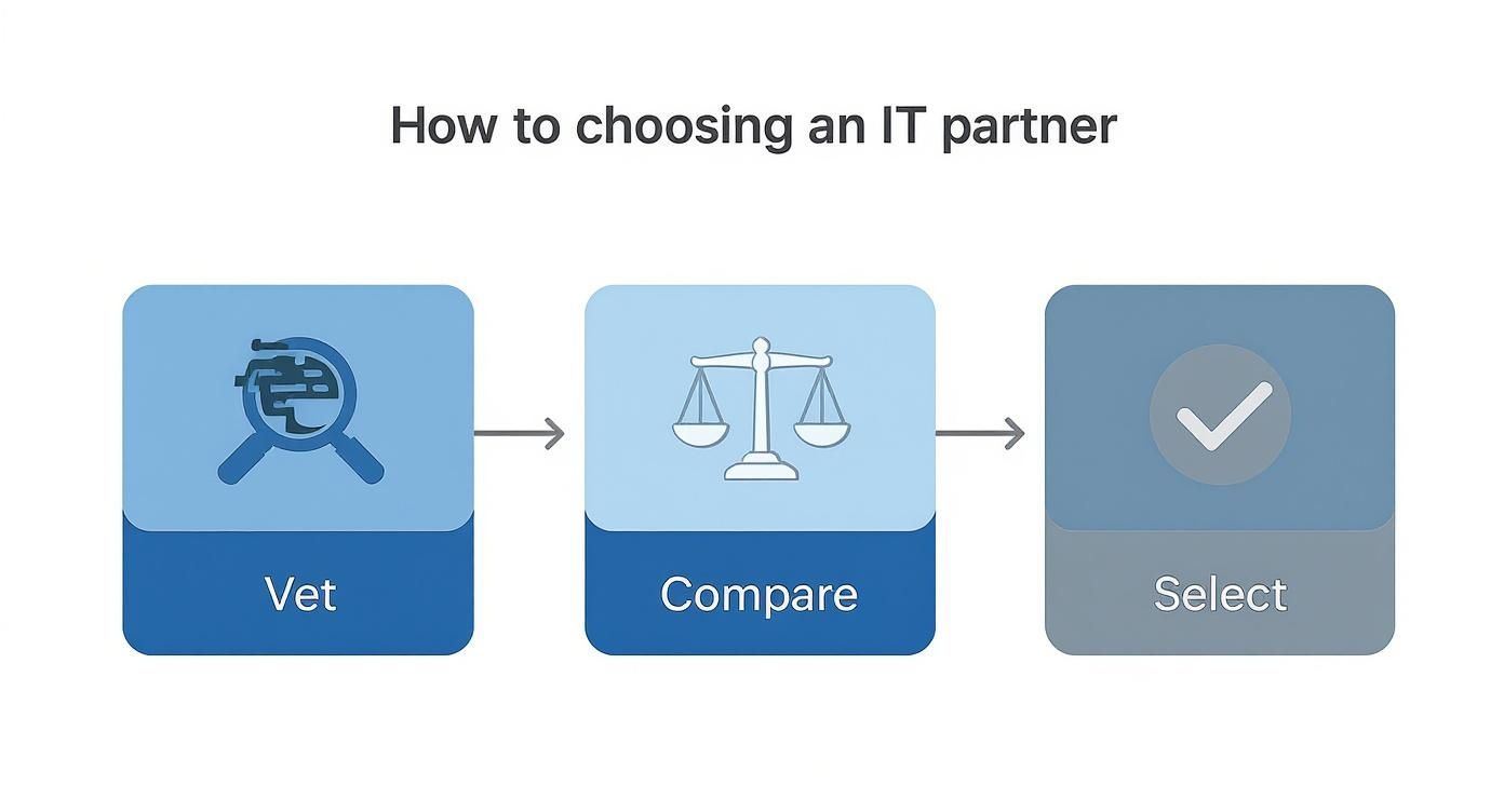 A three-step infographic showing how to choose an IT partner: Vet, Compare, and Select.