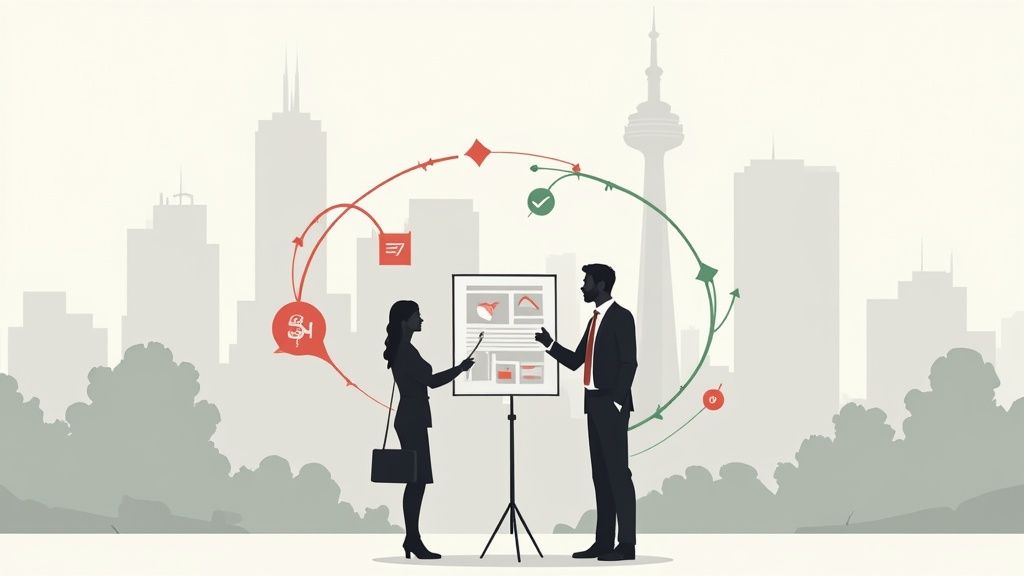 Two professionals present a strategic plan with data and process flows against a city backdrop.