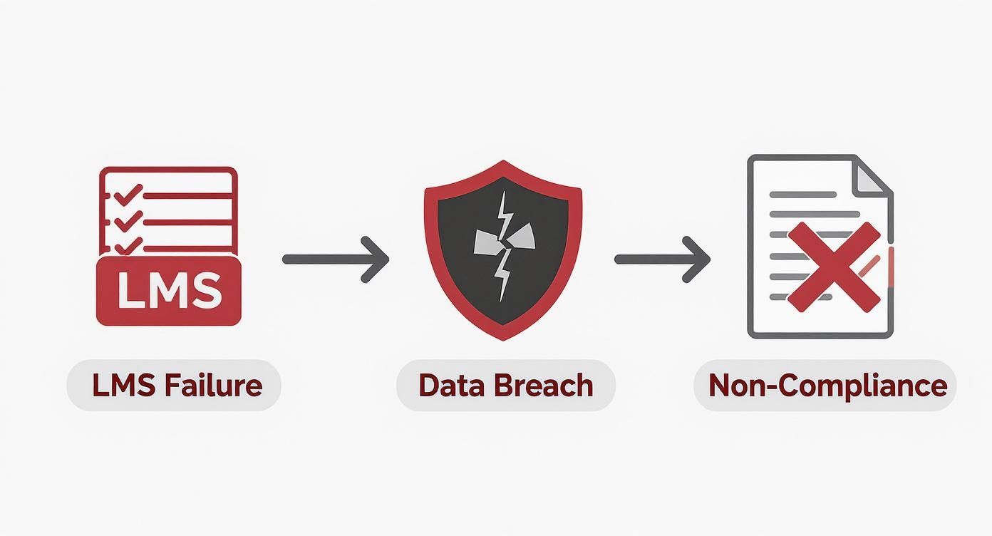 An infographic illustrating the negative chain of events: LMS failure, data breach, and non-compliance.