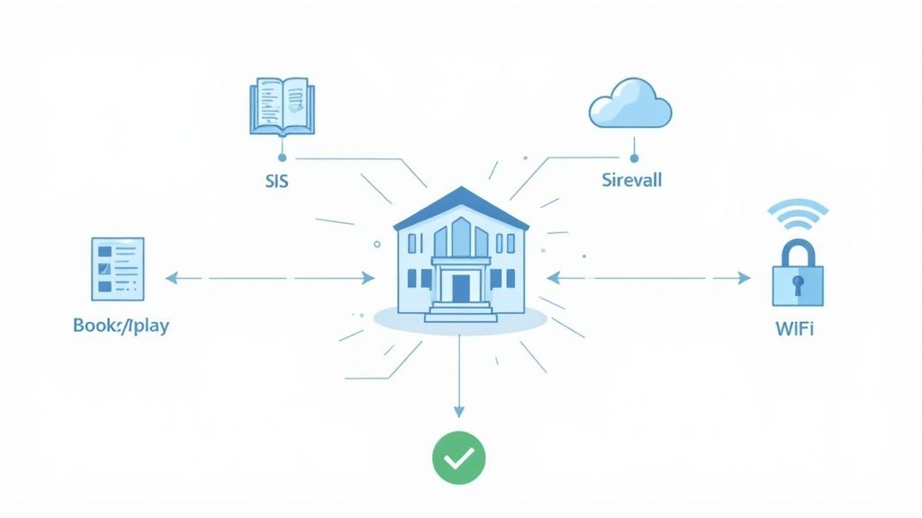 Diagram showing a college building connected to SIS, cloud firewall, secure WiFi, and digital learning platforms.