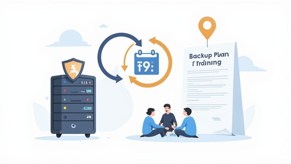 Illustration of data backup and security, showing a server, calendar, backup plan document, and people training.