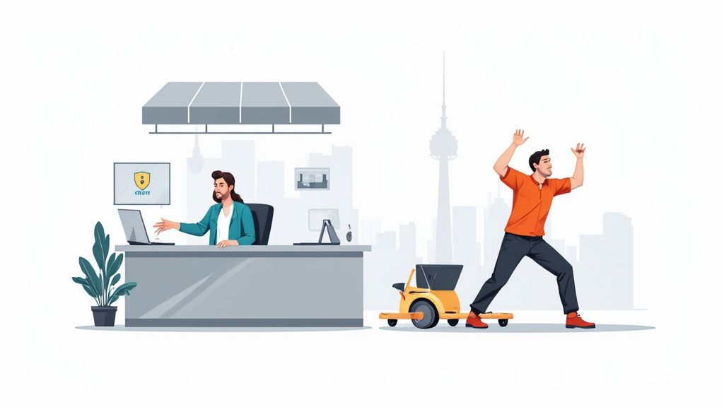 An IT professional works at a desk while a man operates a delivery robot in a city.