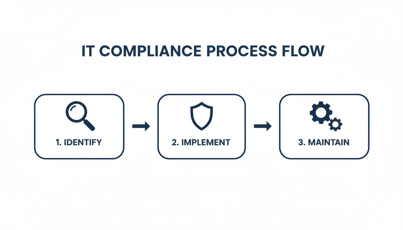 A diagram illustrating the IT compliance process flow with three steps: Identify, Implement, and Maintain.