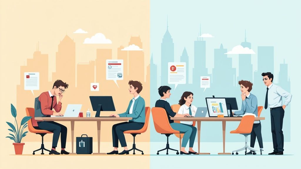 Illustration comparing two distinct office environments: individual focus versus collaborative teamwork.