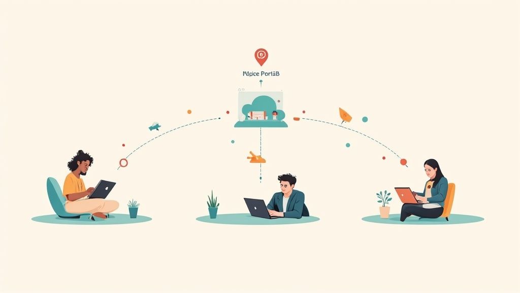 Illustration of three remote workers using laptops connected to a central cloud service.