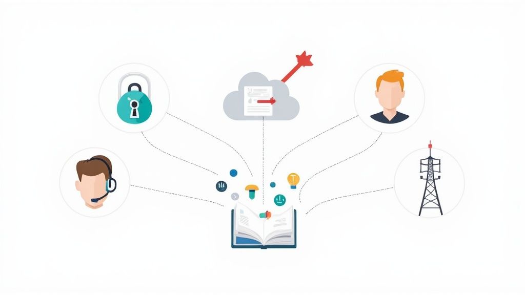Illustration of knowledge management: data from security, cloud, experts, and infrastructure flowing into a central book.