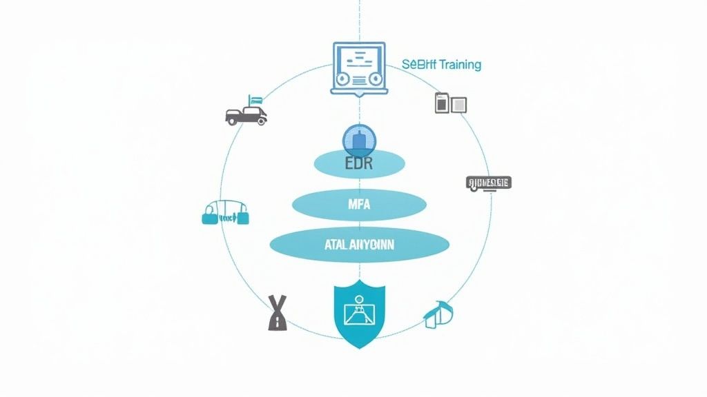 Diagram illustrating an IT security and compliance architecture with EDR, MFA, and various connected components.