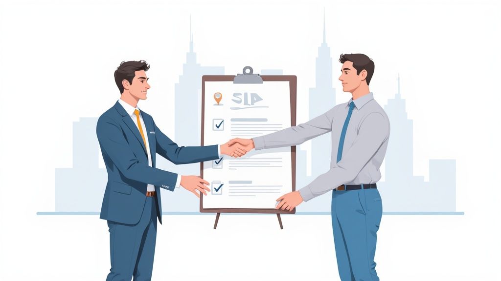 Two businessmen shaking hands in front of a clipboard with "SLA" and checkmarks, symbolizing a business agreement.