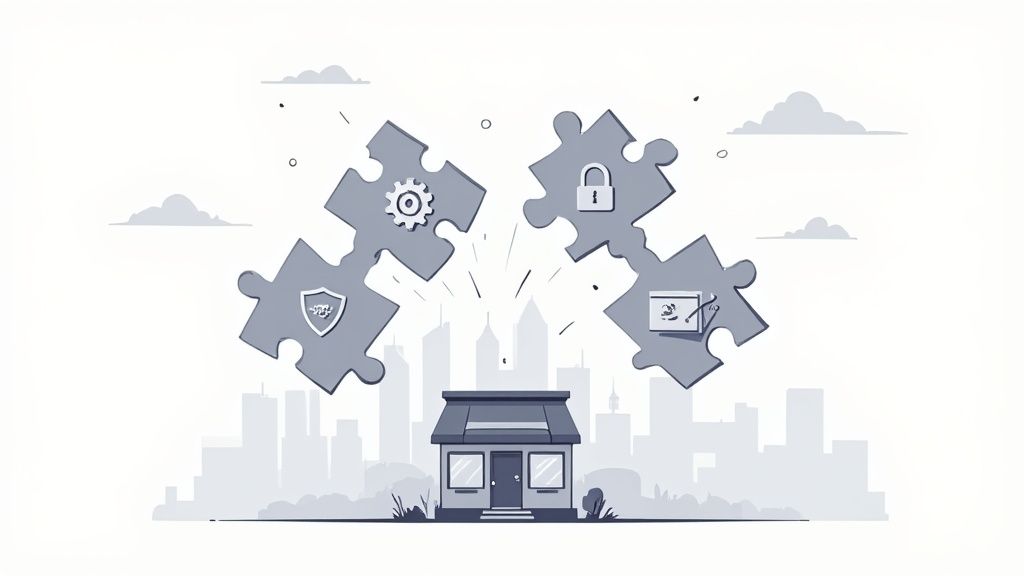 Puzzle pieces with security, settings, and software icons integrating into a small business building.