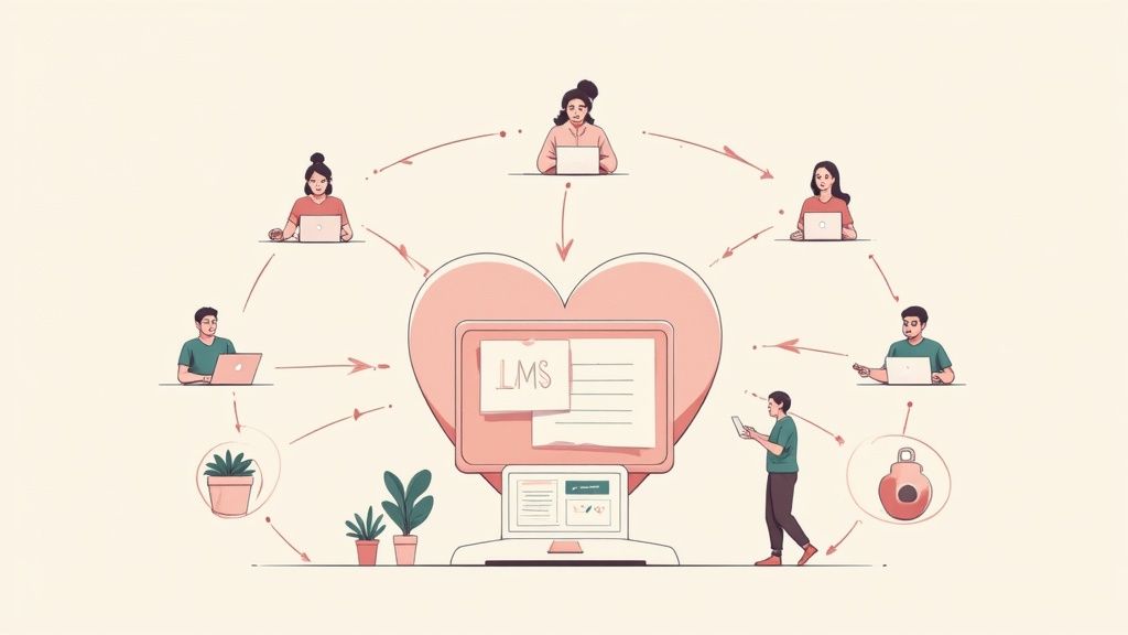 Illustration of users connecting to a heart-shaped LMS, representing online learning and community support.