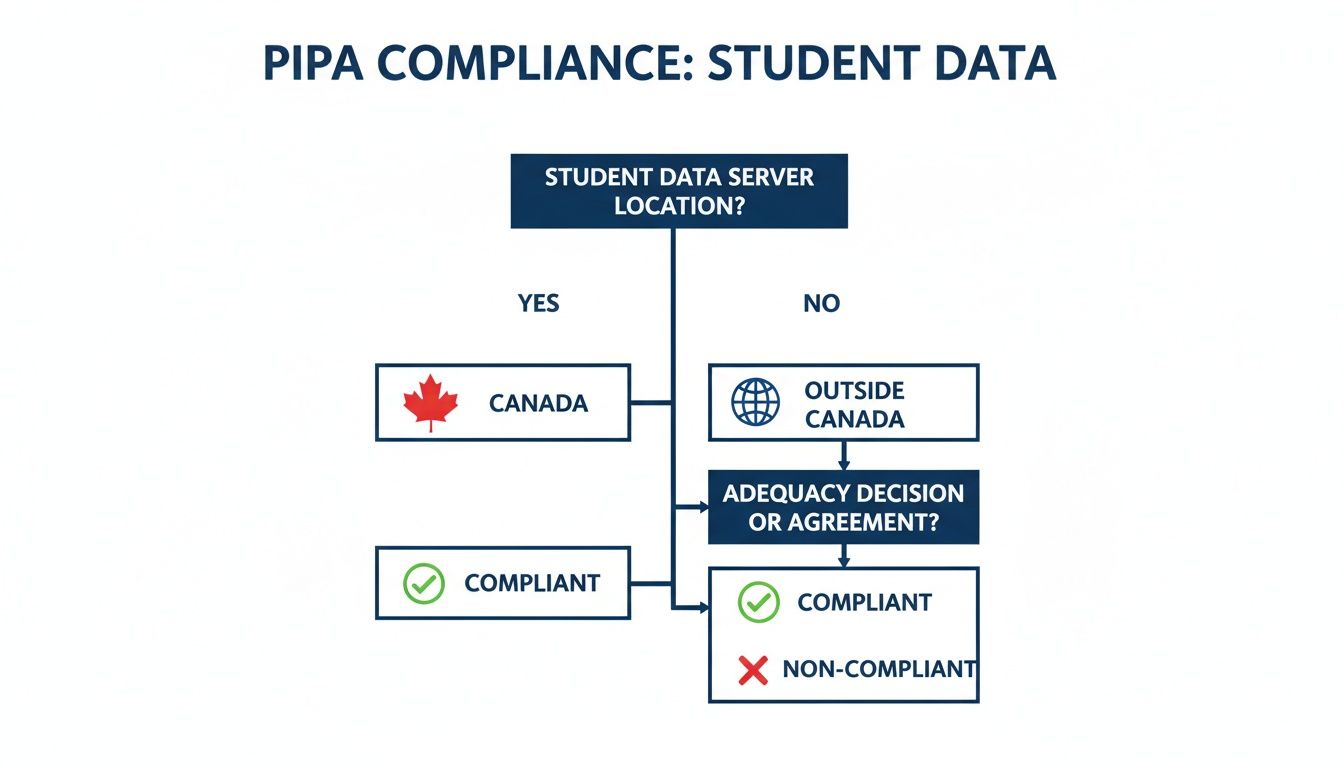 Flowchart illustrating PIPA compliance for student data based on server location in or outside Canada.