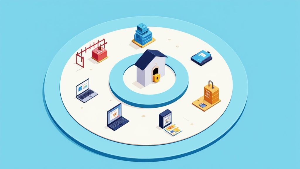 Isometric illustration showing a house with a padlock, surrounded by digital security infrastructure and devices.