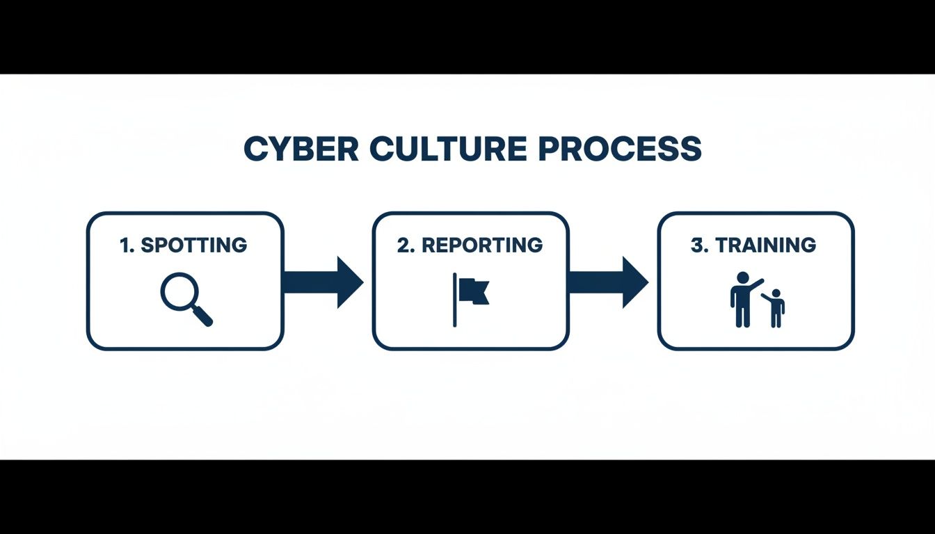 A flowchart illustrates the cyber culture process with three steps: spotting, reporting, and training.