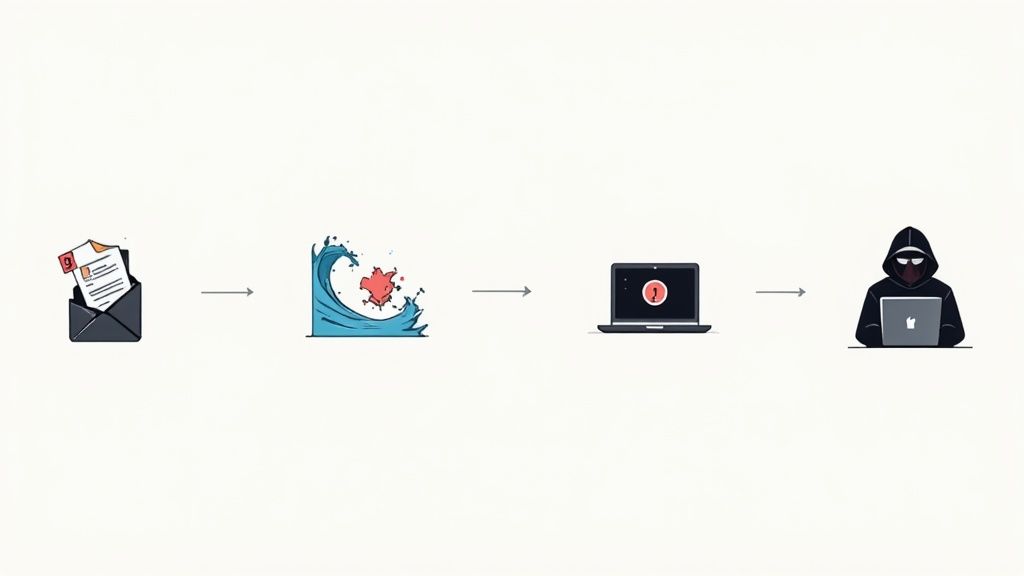 A diagram showing a phishing attack: email, virus wave, infected laptop, and a hacker.