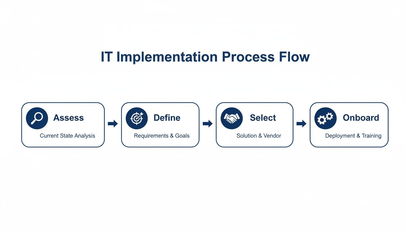 Diagram illustrating the IT implementation process flow with steps: Assess, Define, Select, Onboard.