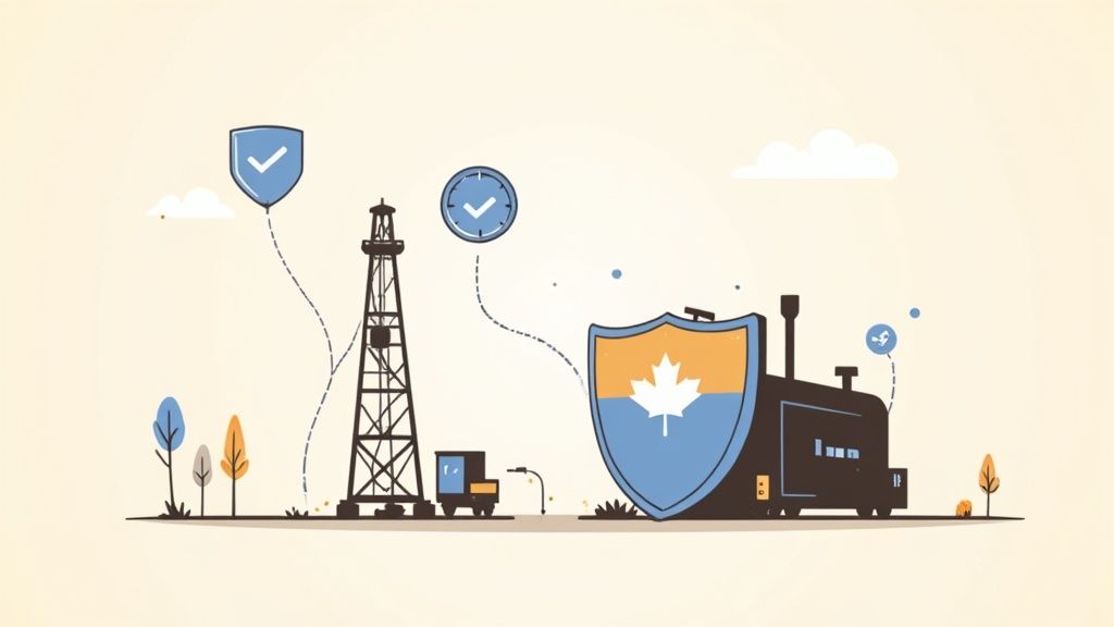 Illustration of oil and gas facilities, including a rig and processing plant, with Canadian protection shields and security icons.