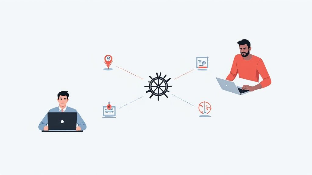 Two men using laptops connected to a central steering wheel icon, representing co-managed IT services.